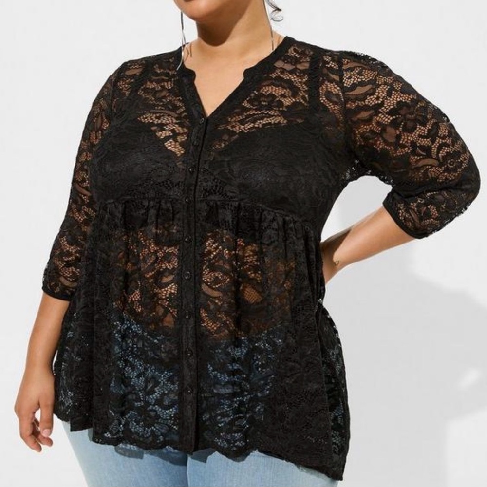 Torrid Black Lace Sheer Button Front Blouse Size 3 XL Overlay
